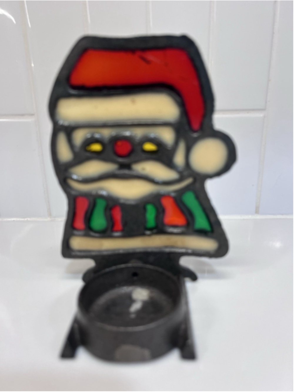Vintage Stained Glass Metal Christmas Santa Tealight Votive Candle Holder